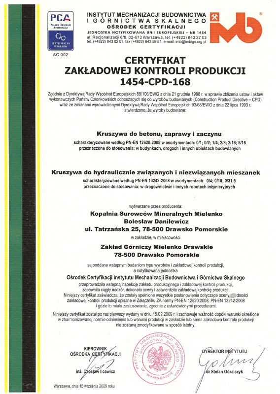 Certyfikat Zakładowej Kontroli Produkcji